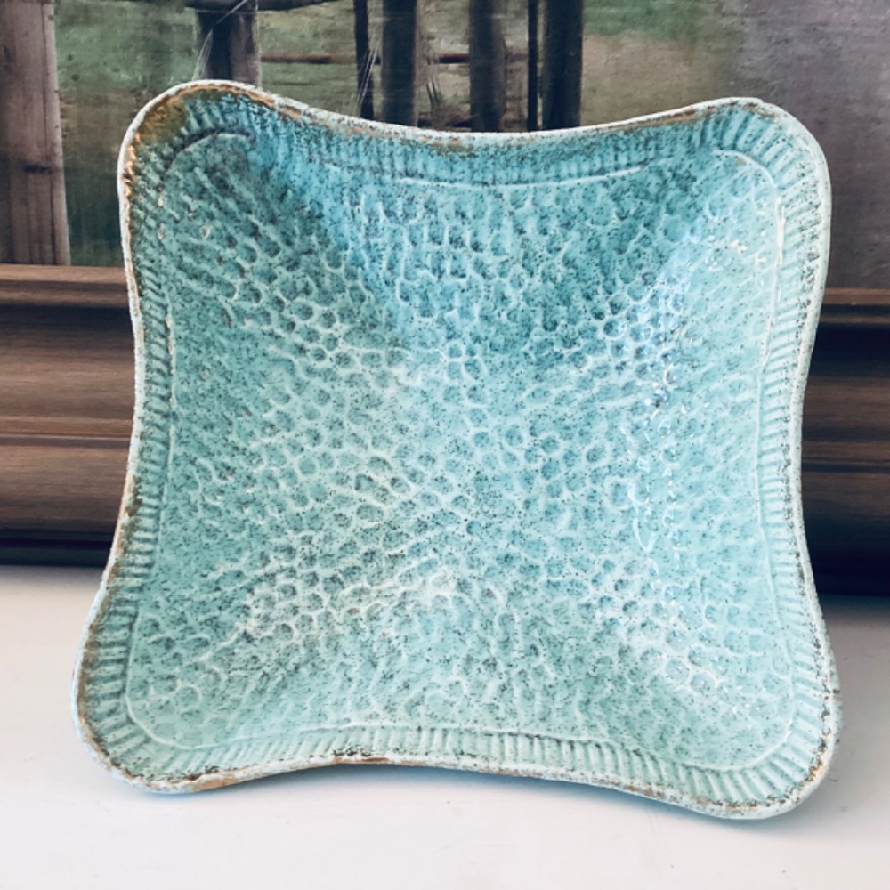 Turquoise Ceramics Set Of 3 Mixed Pieces Vases Square Bowl Home Accents Decor - Picture 12 of 12